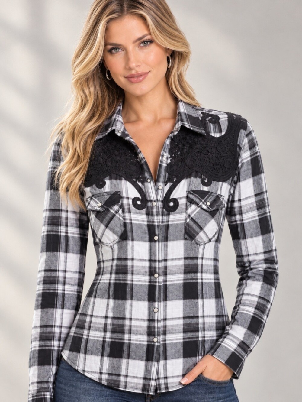 GUESS Jeans Western Plaid Lace-Yoke Pearl Snap Button-Down Shirt Fitted Med